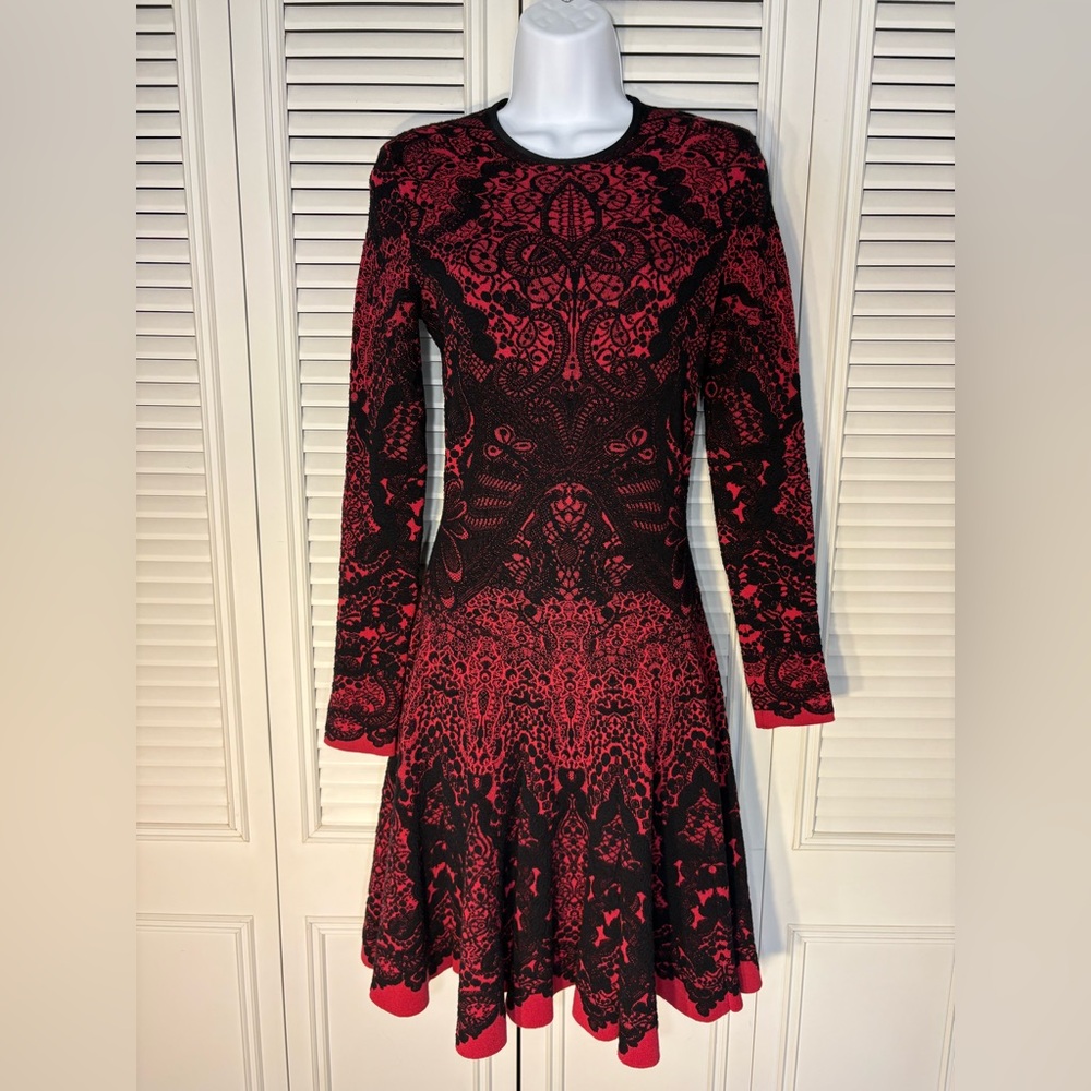 Alexander McQueen Wool Blend Lace Pattern Dress Red Black Stretch Fit n Flare Sm